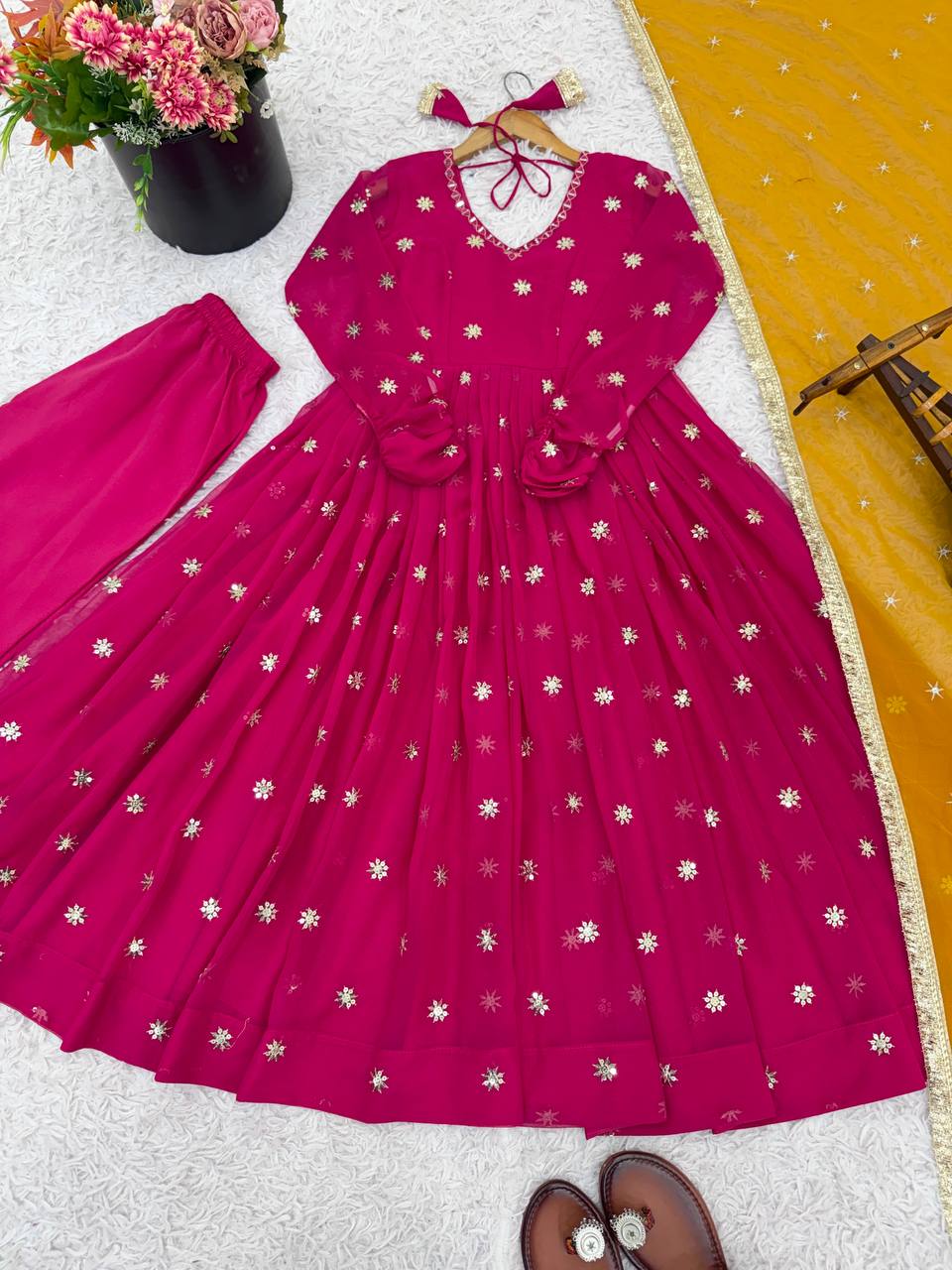 Pink Georgette With Embroidery Work Gown And Dupatta Set Fully Stitched Ready To Wear