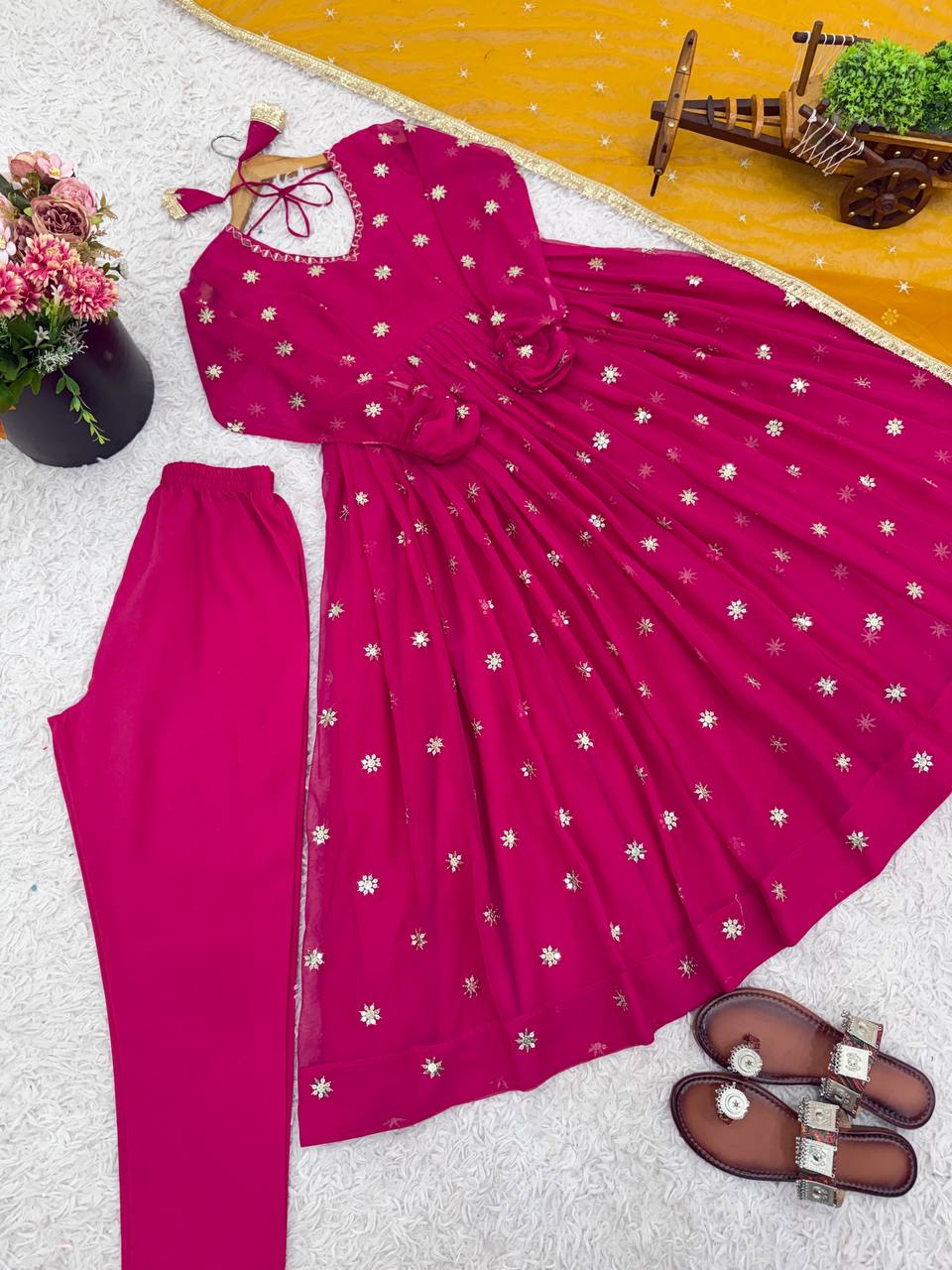 Pink Georgette With Embroidery Work Gown And Dupatta Set Fully Stitched Ready To Wear