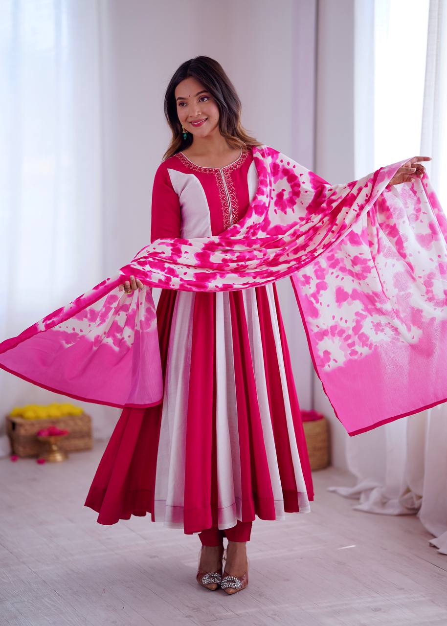 Multicolour roman silk embroidery with digital print work gown, bottom & dupatta Anarkali set