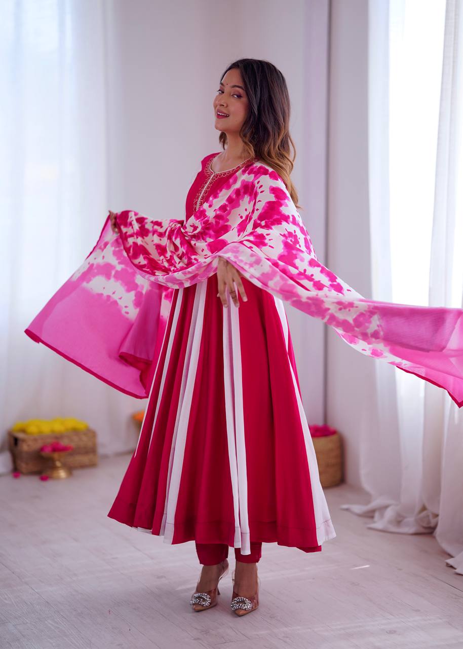 Multicolour roman silk embroidery with digital print work gown, bottom & dupatta Anarkali set