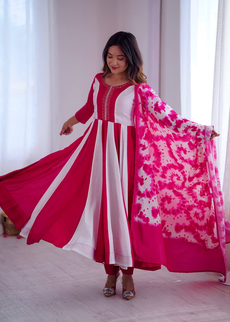 Multicolour roman silk embroidery with digital print work gown, bottom & dupatta Anarkali set