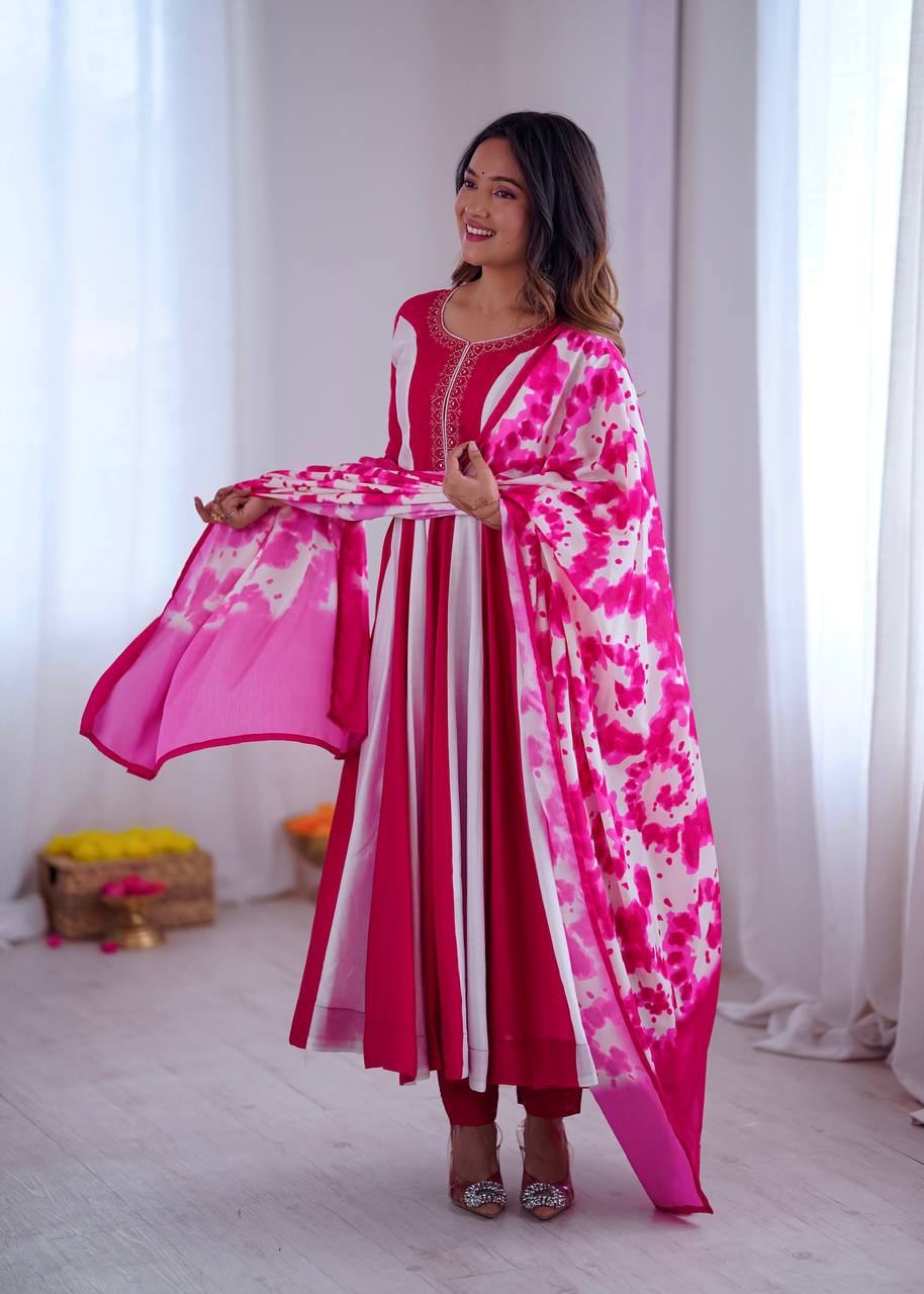 Multicolour roman silk embroidery with digital print work gown, bottom & dupatta Anarkali set