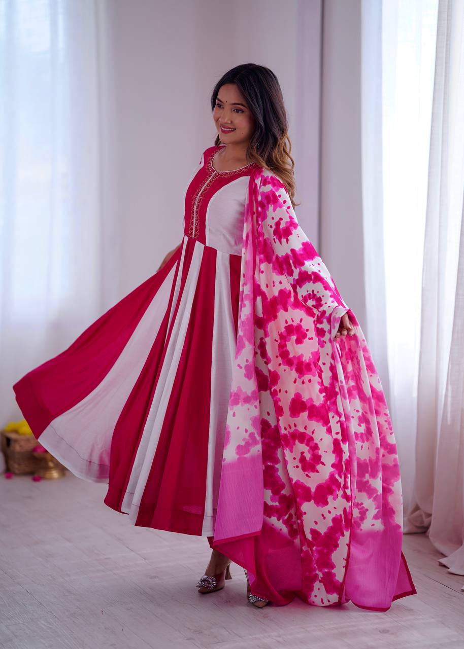 Multicolour roman silk embroidery with digital print work gown, bottom & dupatta Anarkali set