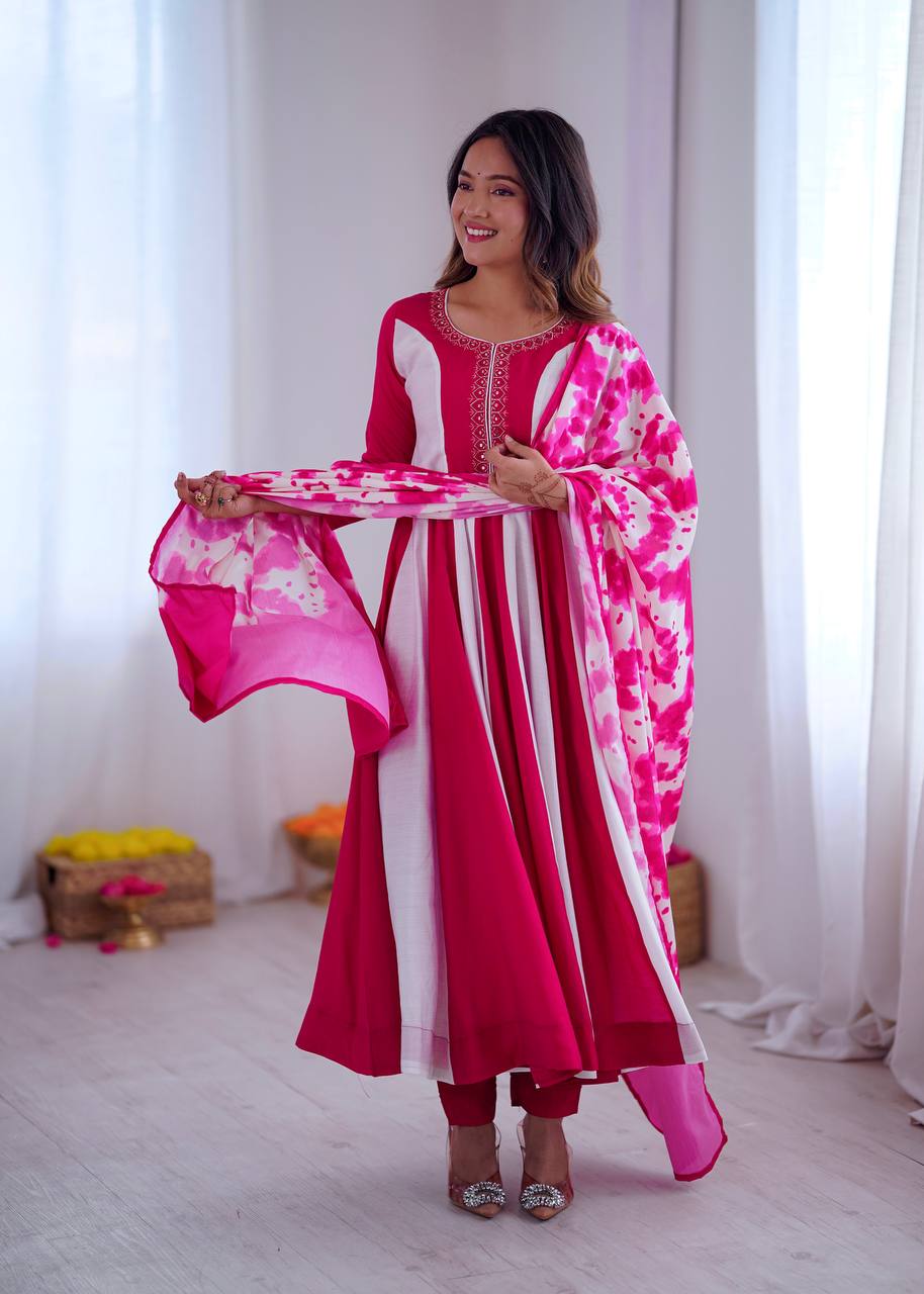 Multicolour roman silk embroidery with digital print work gown, bottom & dupatta Anarkali set