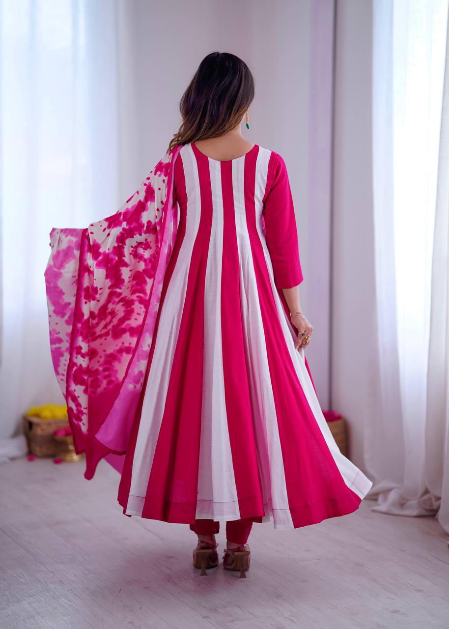 Multicolour roman silk embroidery with digital print work gown, bottom & dupatta Anarkali set