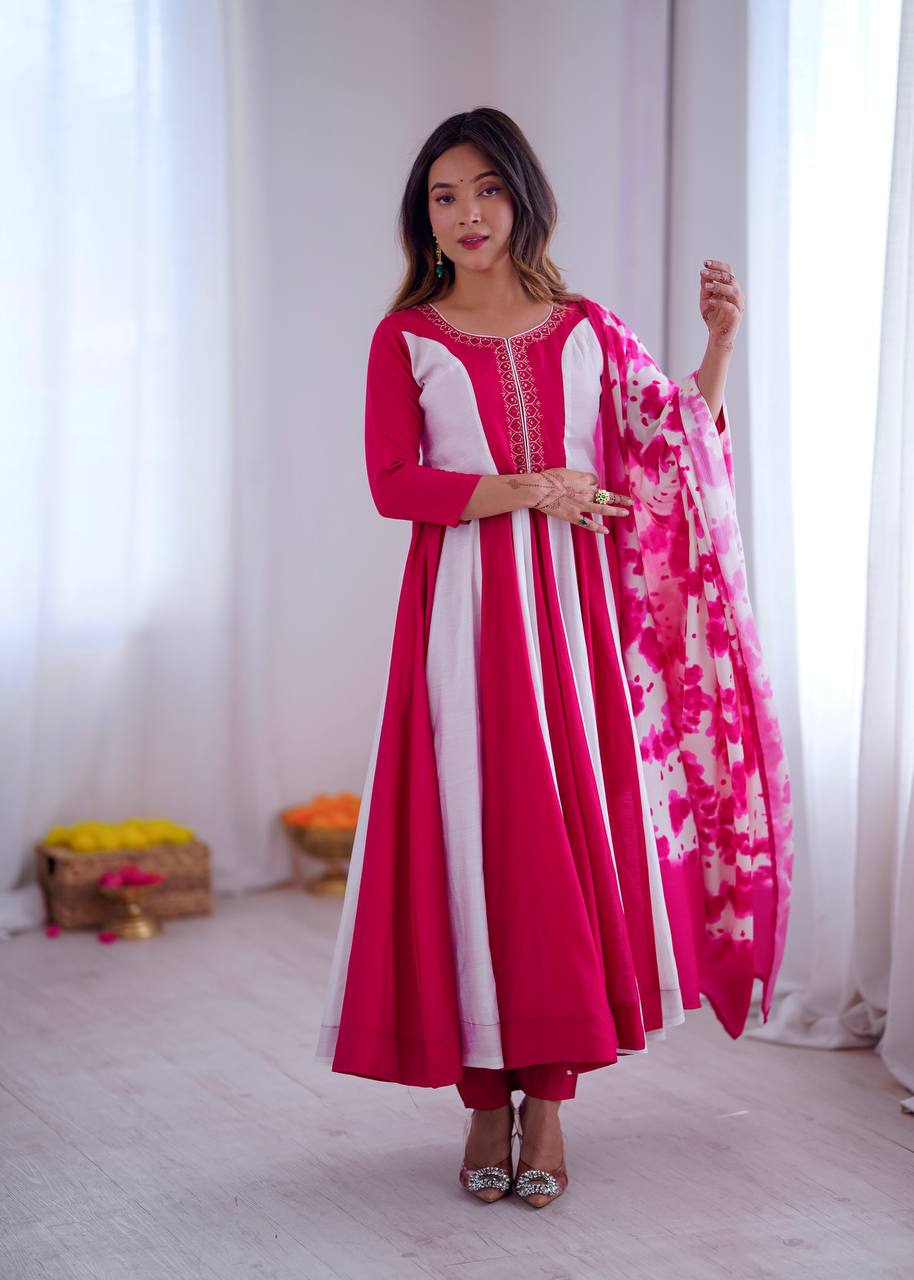 Multicolour roman silk embroidery with digital print work gown, bottom & dupatta Anarkali set