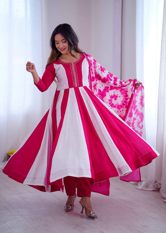Multicolour roman silk embroidery with digital print work gown, bottom & dupatta Anarkali set