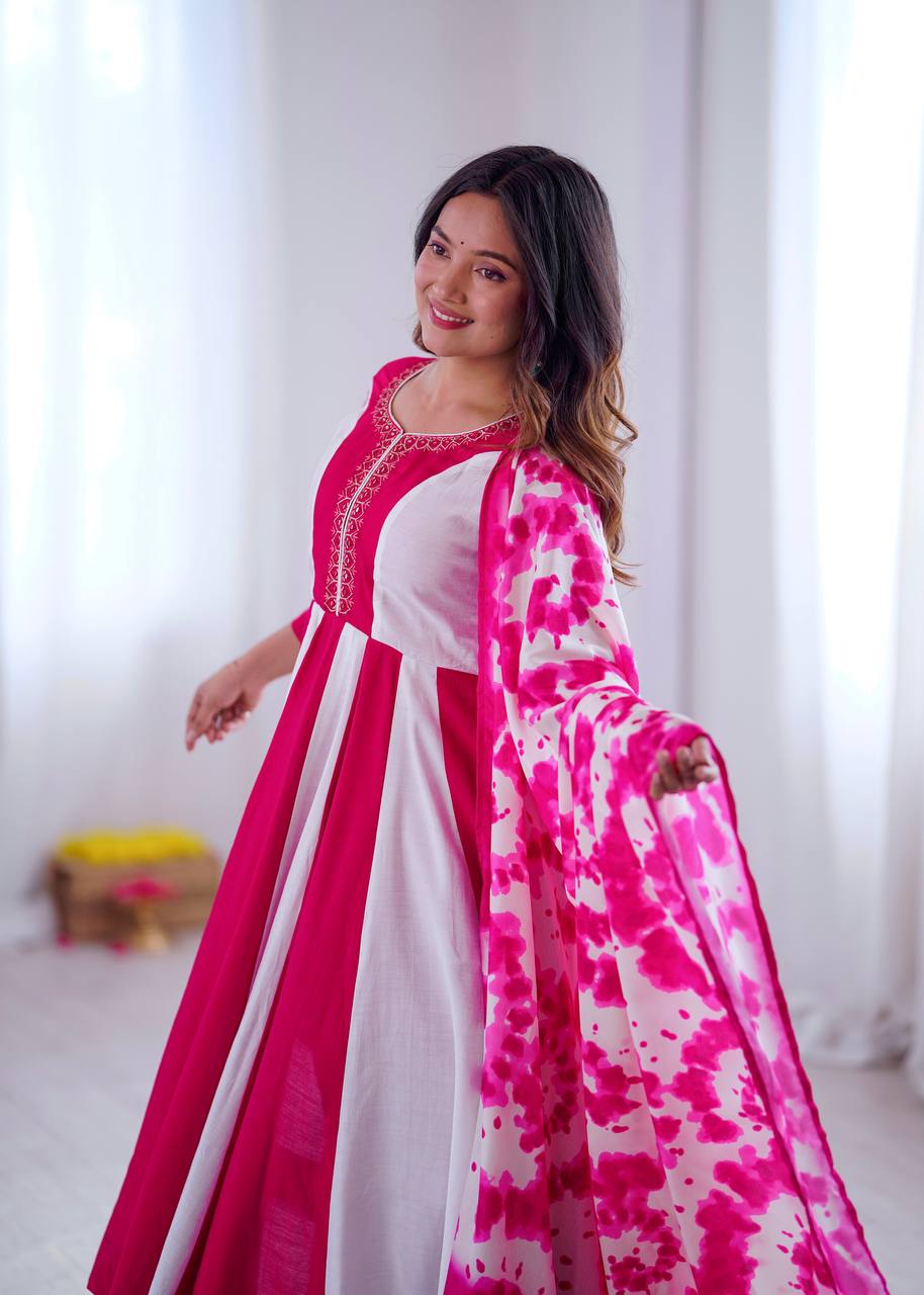 Multicolour roman silk embroidery with digital print work gown, bottom & dupatta Anarkali set