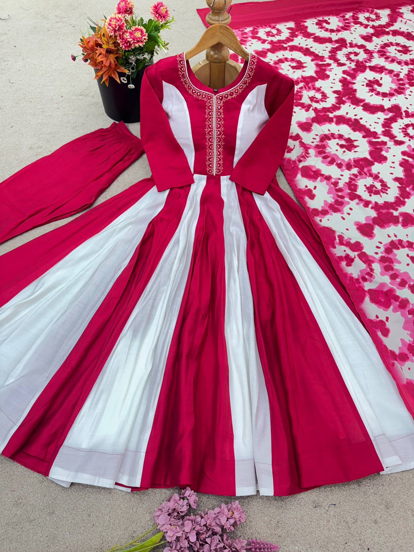 Multicolour roman silk embroidery with digital print work gown, bottom & dupatta Anarkali set