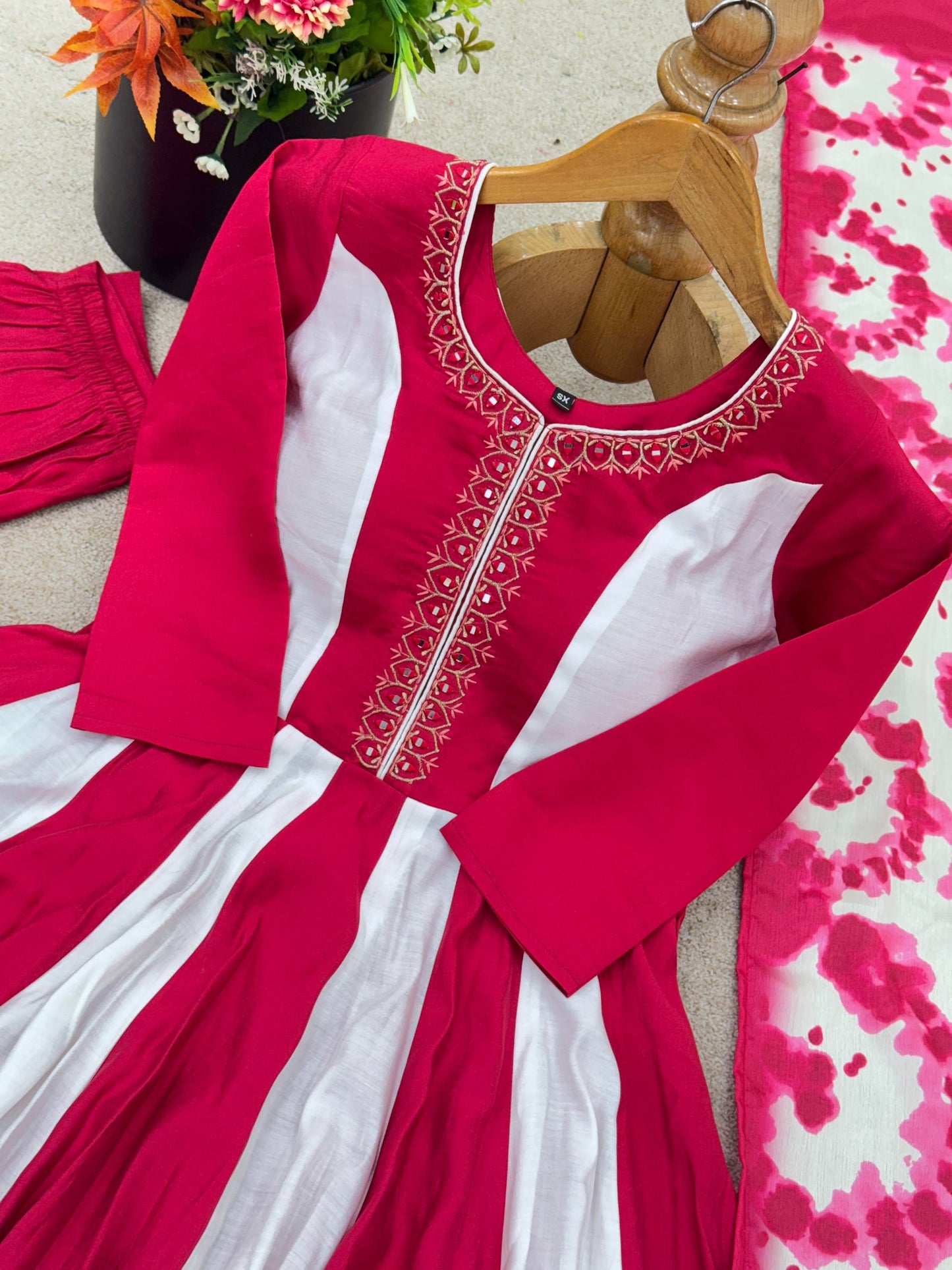 Multicolour roman silk embroidery with digital print work gown, bottom & dupatta Anarkali set