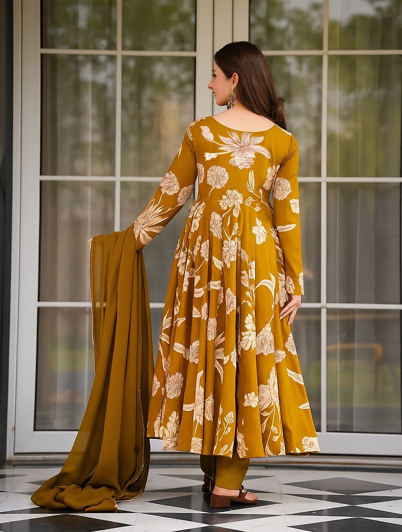 Yellow rayon slub printed women’s anarkali pent dupatta set
