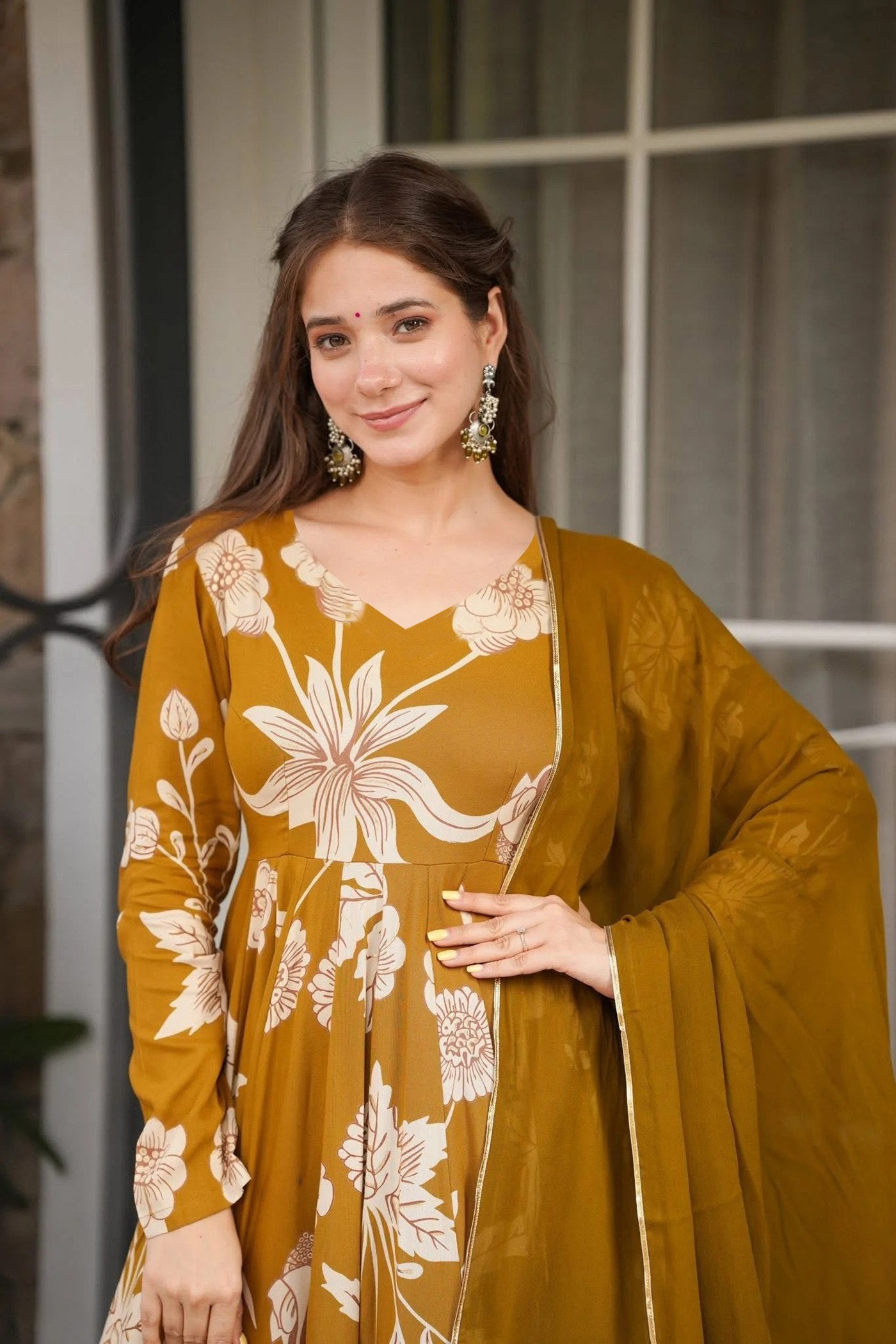 Yellow rayon slub printed women’s anarkali pent dupatta set