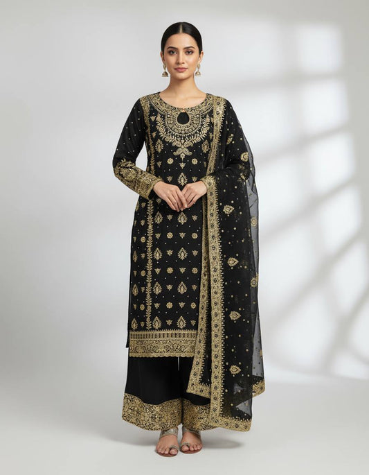 Black Heavy Faux Georgette Embroidery Sequence Work With Full Sleeve Top-Palazzo and Dupatta
