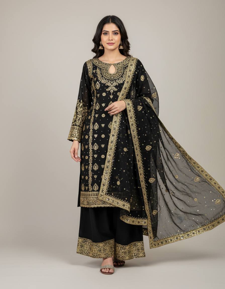 Black Heavy Faux Georgette Embroidery Sequence Work With Full Sleeve Top-Palazzo and Dupatta