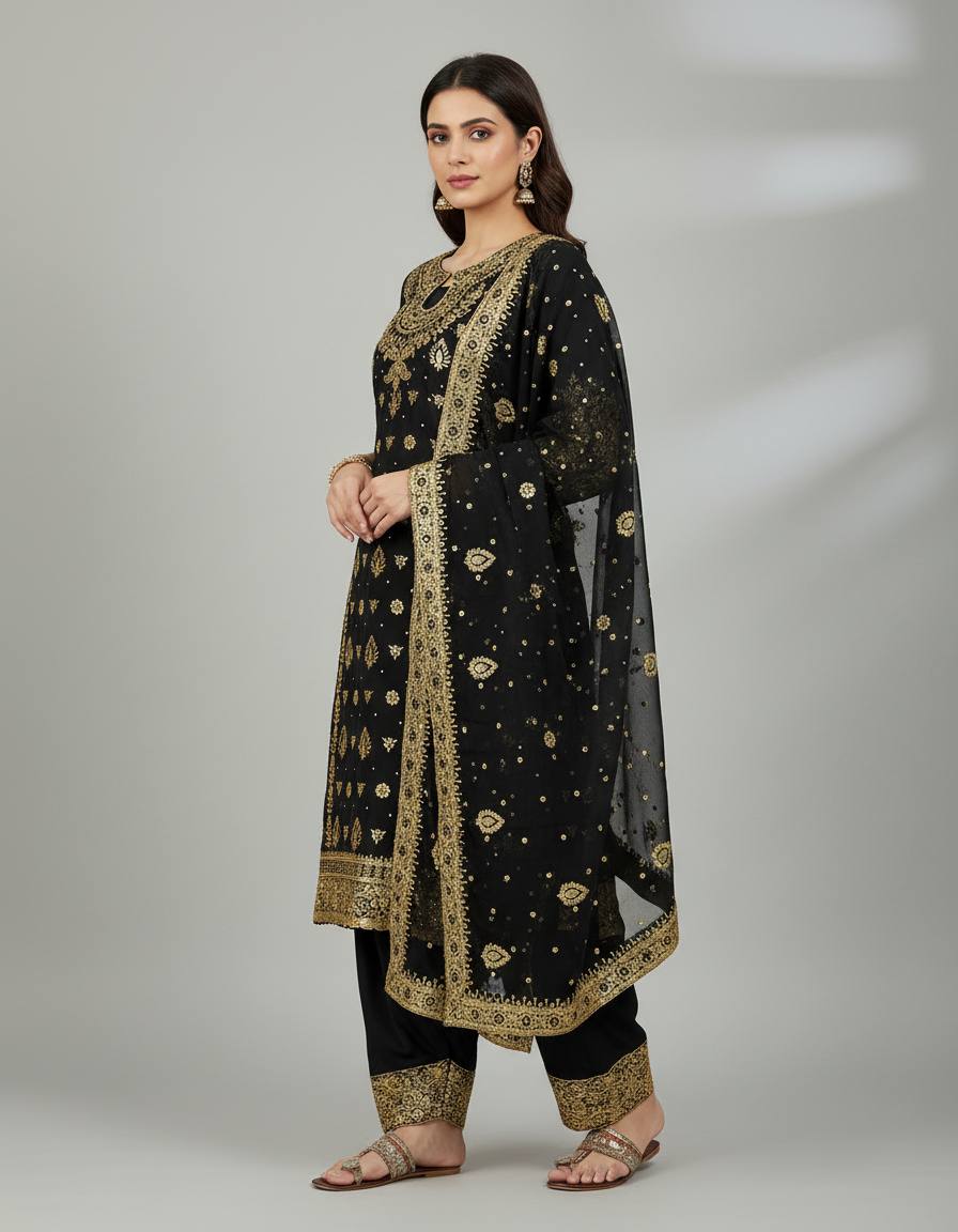Black Heavy Faux Georgette Embroidery Sequence Work With Full Sleeve Top-Palazzo and Dupatta