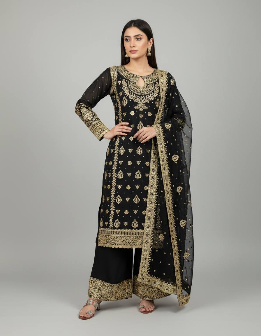 Black Heavy Faux Georgette Embroidery Sequence Work With Full Sleeve Top-Palazzo and Dupatta