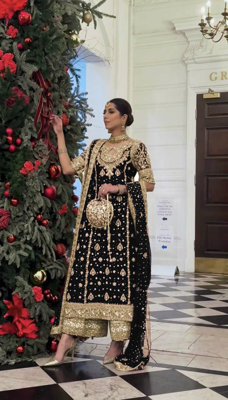 Black Heavy Faux Georgette Embroidery Sequence Work With Full Sleeve Top-Palazzo and Dupatta