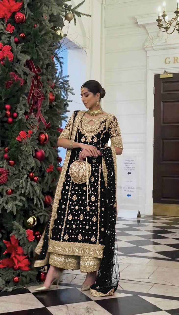 Black Heavy Faux Georgette Embroidery Sequence Work With Full Sleeve Top-Palazzo and Dupatta