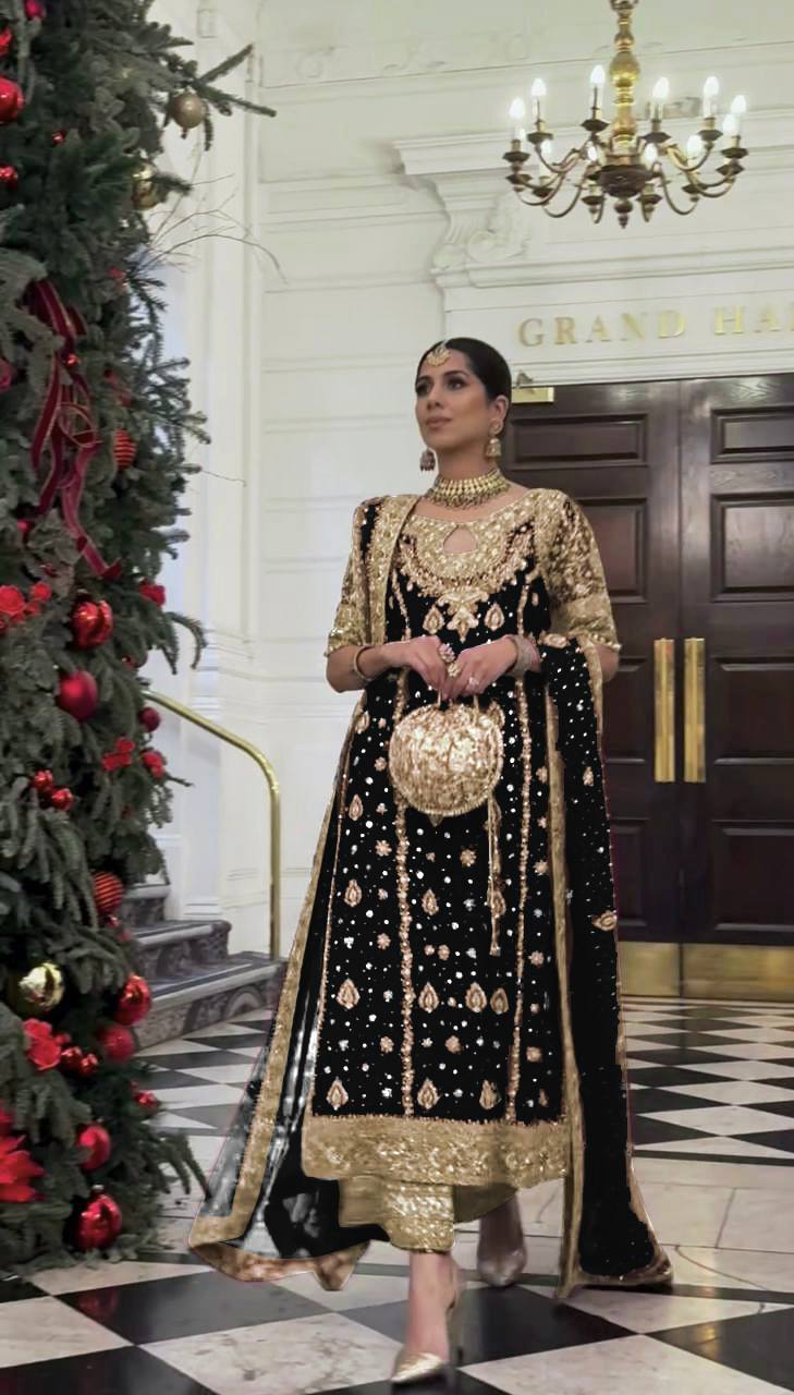 Black Heavy Faux Georgette Embroidery Sequence Work With Full Sleeve Top-Palazzo and Dupatta