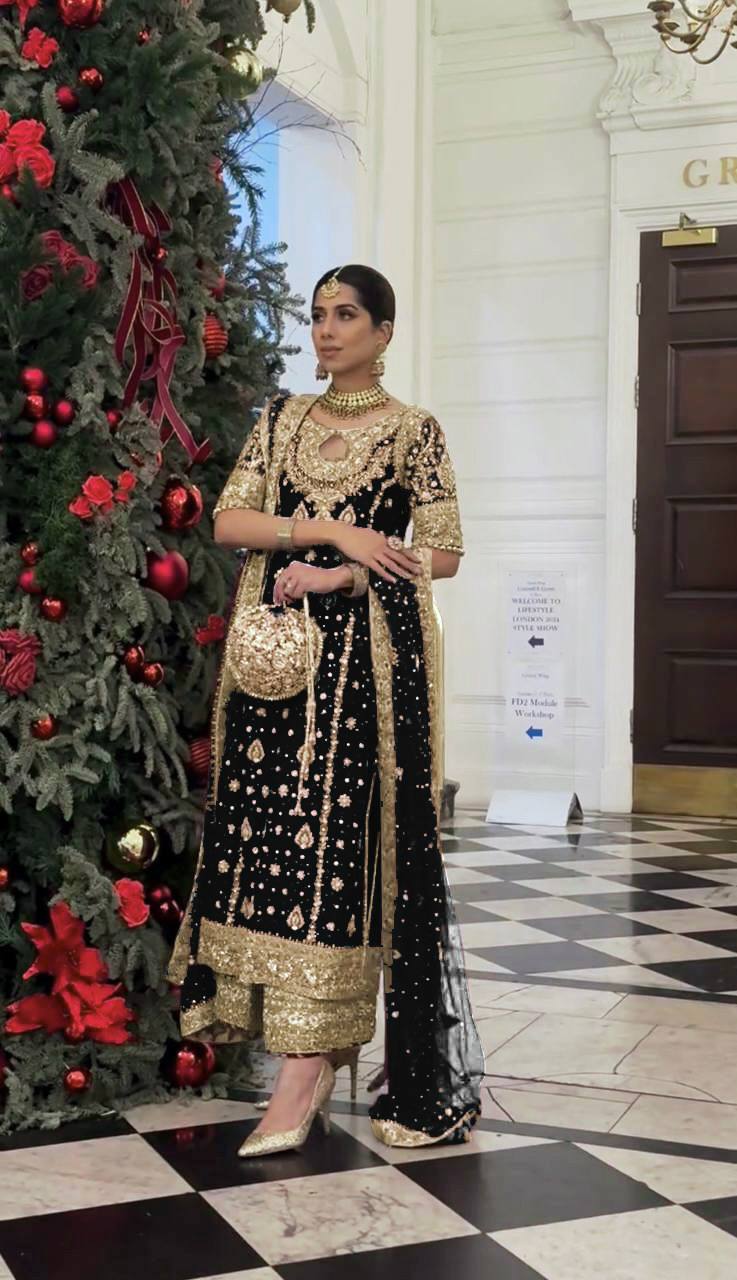 Black Heavy Faux Georgette Embroidery Sequence Work With Full Sleeve Top-Palazzo and Dupatta