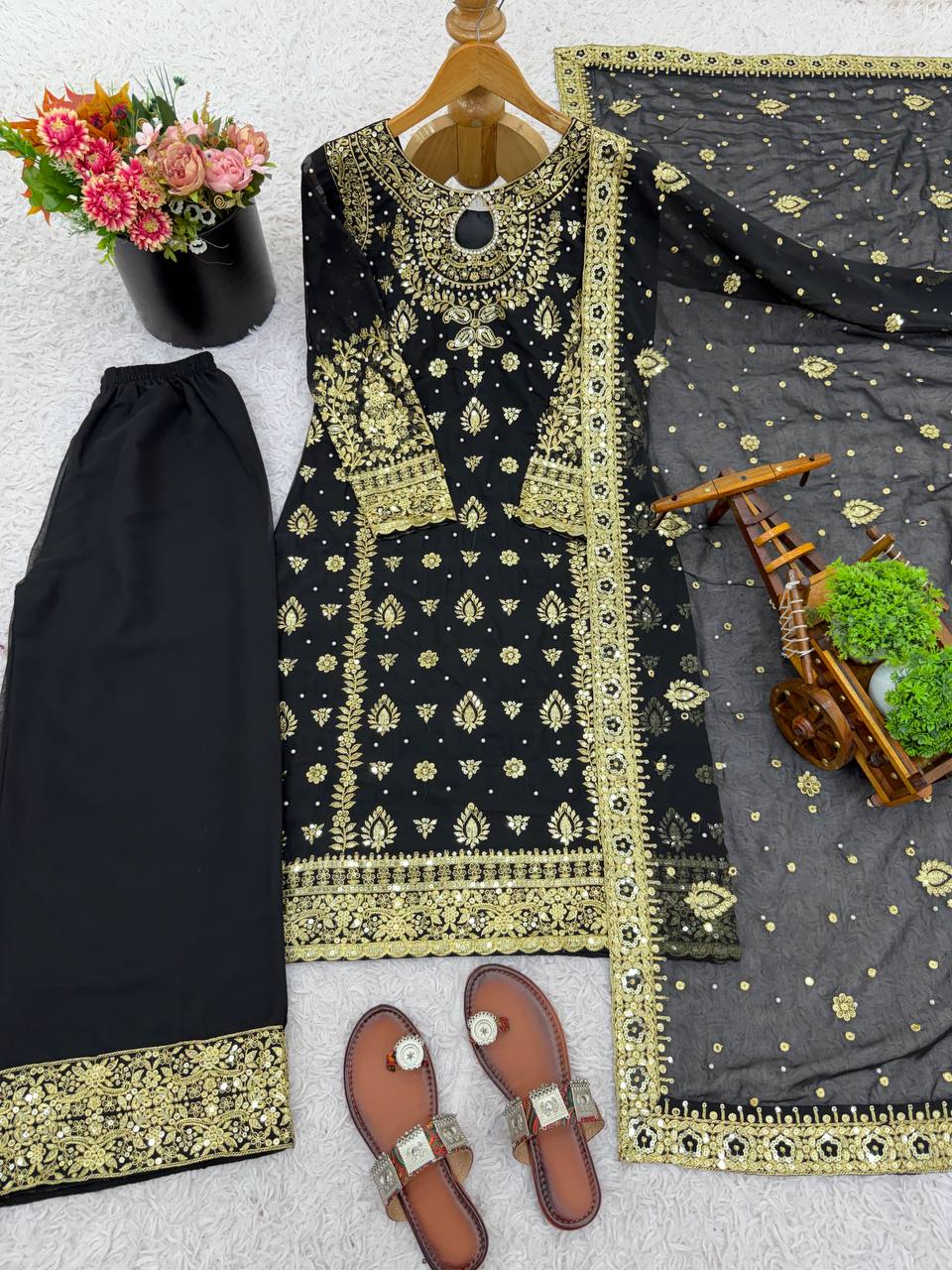 Black Heavy Faux Georgette Embroidery Sequence Work With Full Sleeve Top-Palazzo and Dupatta
