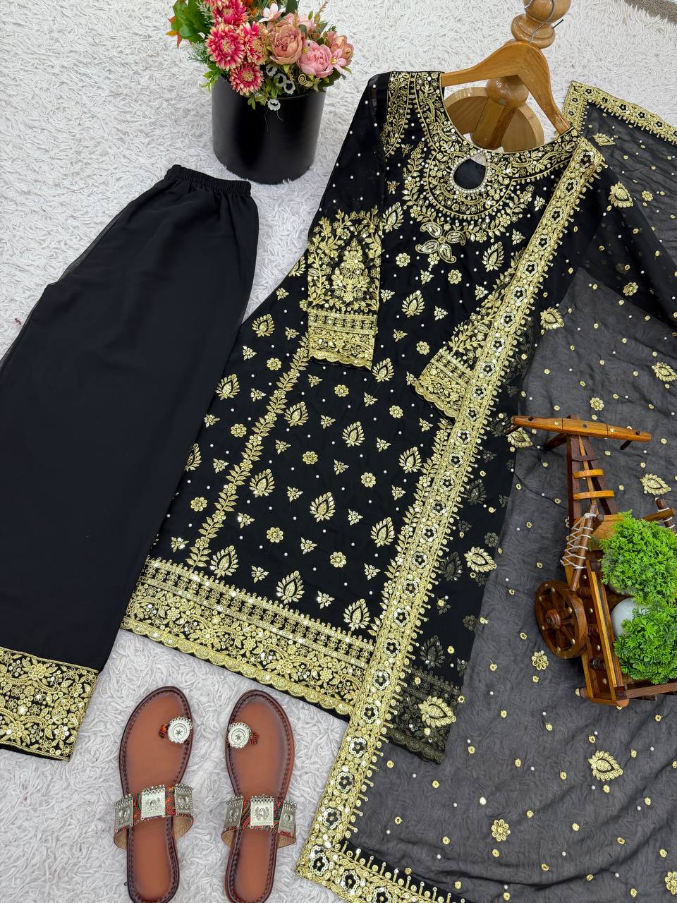 Black Heavy Faux Georgette Embroidery Sequence Work With Full Sleeve Top-Palazzo and Dupatta