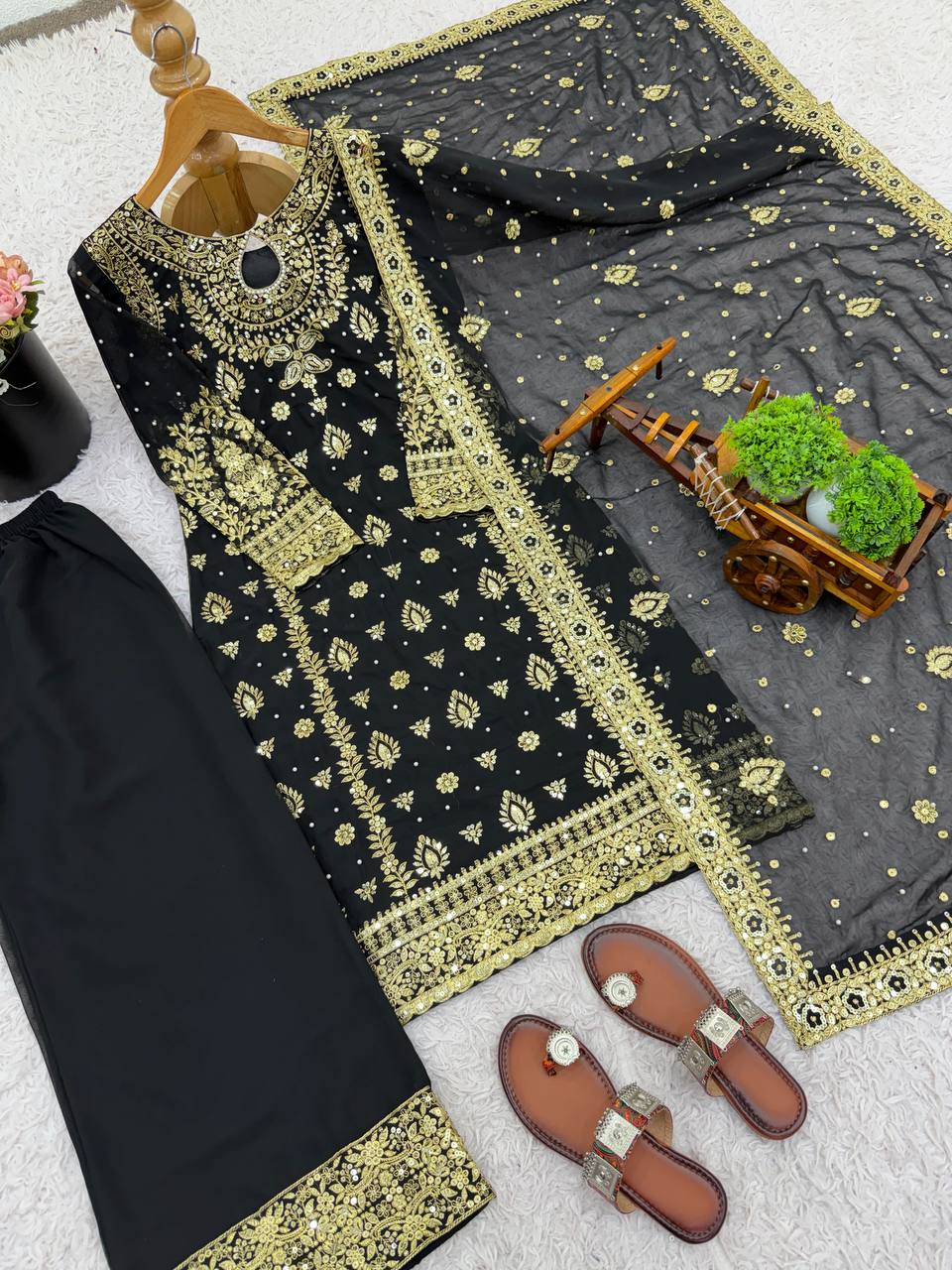 Black Heavy Faux Georgette Embroidery Sequence Work With Full Sleeve Top-Palazzo and Dupatta