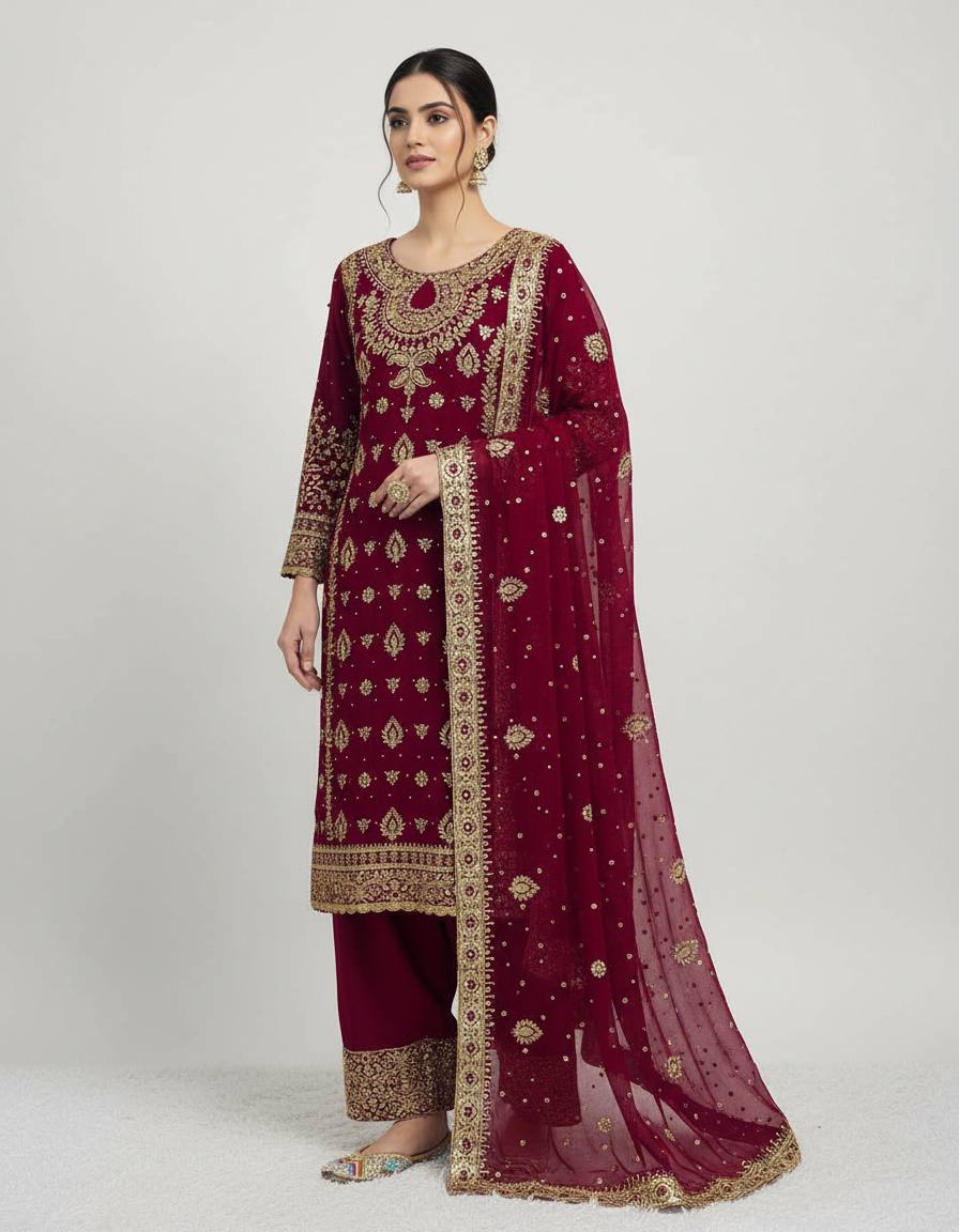 Maroon Heavy Faux Georgette Embroidery Sequence Work With Full Sleeve Top-Palazzo and Dupatta