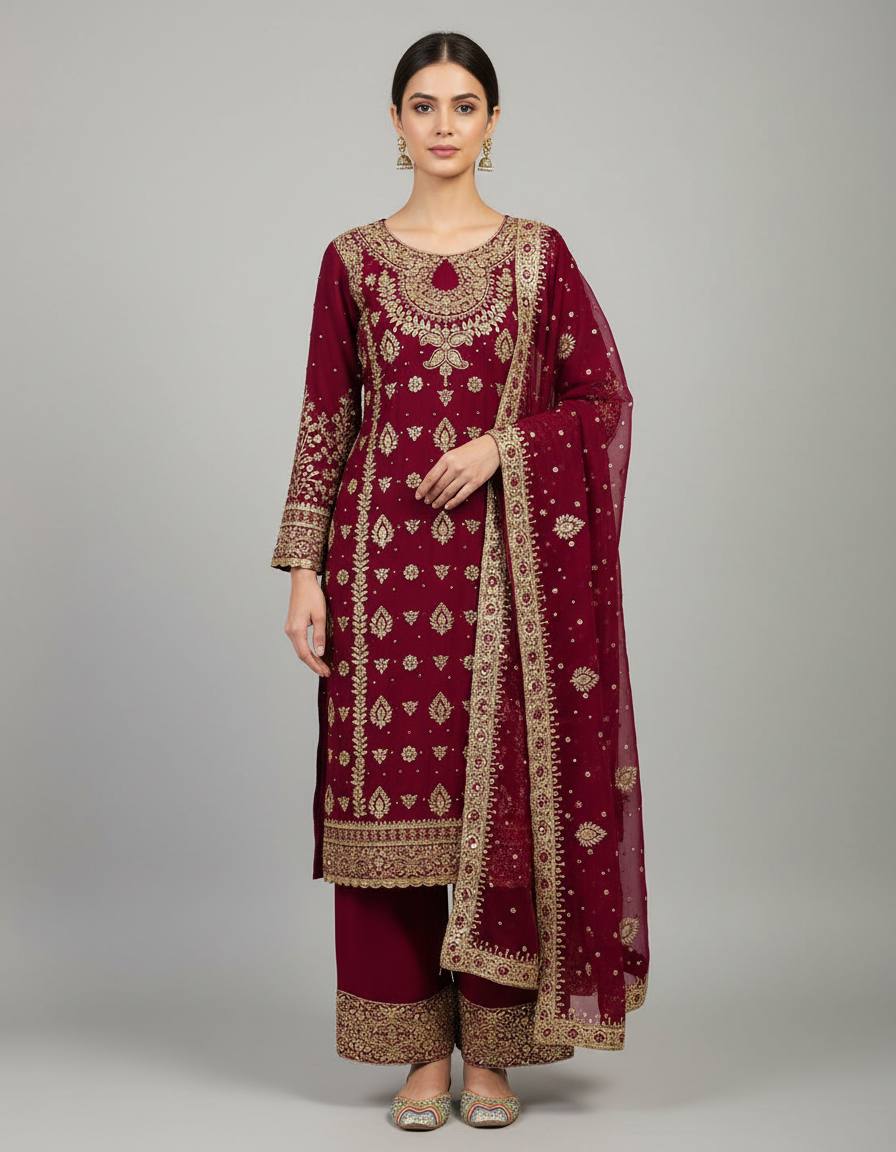 Maroon Heavy Faux Georgette Embroidery Sequence Work With Full Sleeve Top-Palazzo and Dupatta