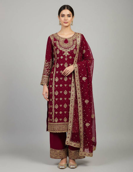 Maroon Heavy Faux Georgette Embroidery Sequence Work With Full Sleeve Top-Palazzo and Dupatta