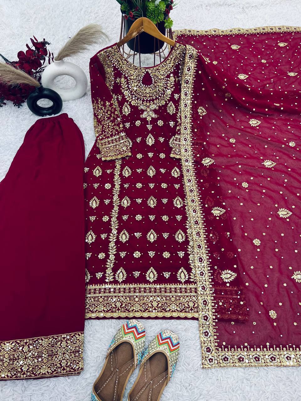 Maroon Heavy Faux Georgette Embroidery Sequence Work With Full Sleeve Top-Palazzo and Dupatta