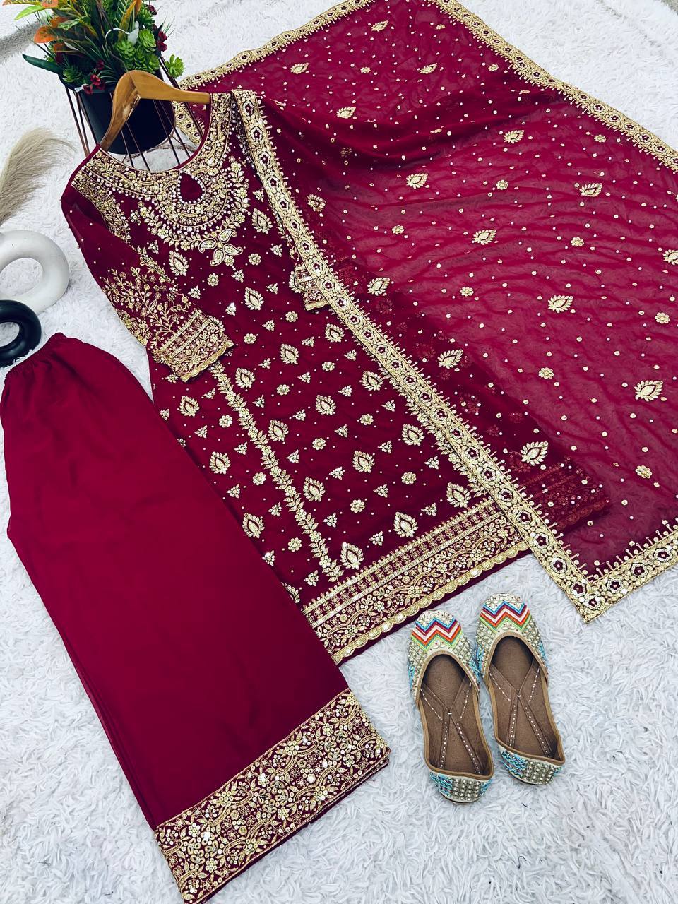 Maroon Heavy Faux Georgette Embroidery Sequence Work With Full Sleeve Top-Palazzo and Dupatta