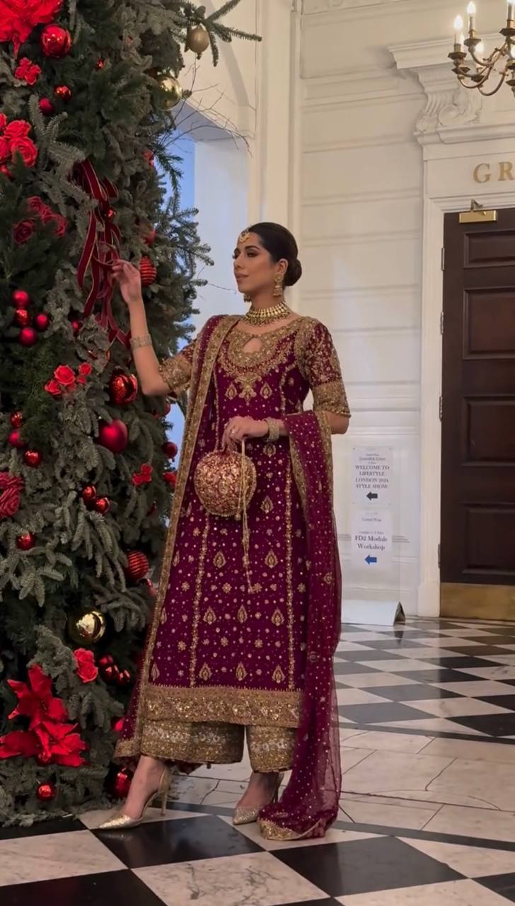 Maroon Heavy Faux Georgette Embroidery Sequence Work With Full Sleeve Top-Palazzo and Dupatta