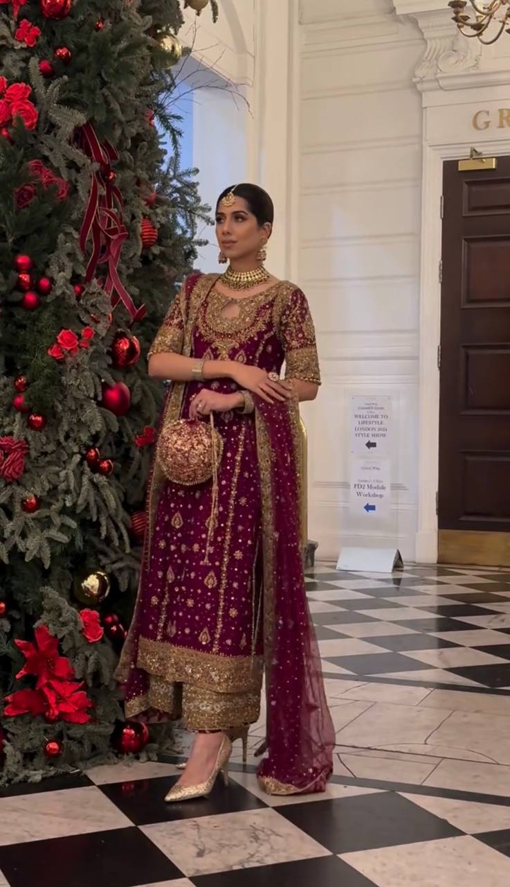 Maroon Heavy Faux Georgette Embroidery Sequence Work With Full Sleeve Top-Palazzo and Dupatta