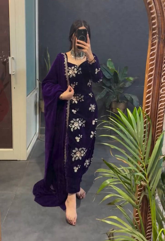Purple viscose velvet thread & sequence work top-pant and dupatta set
