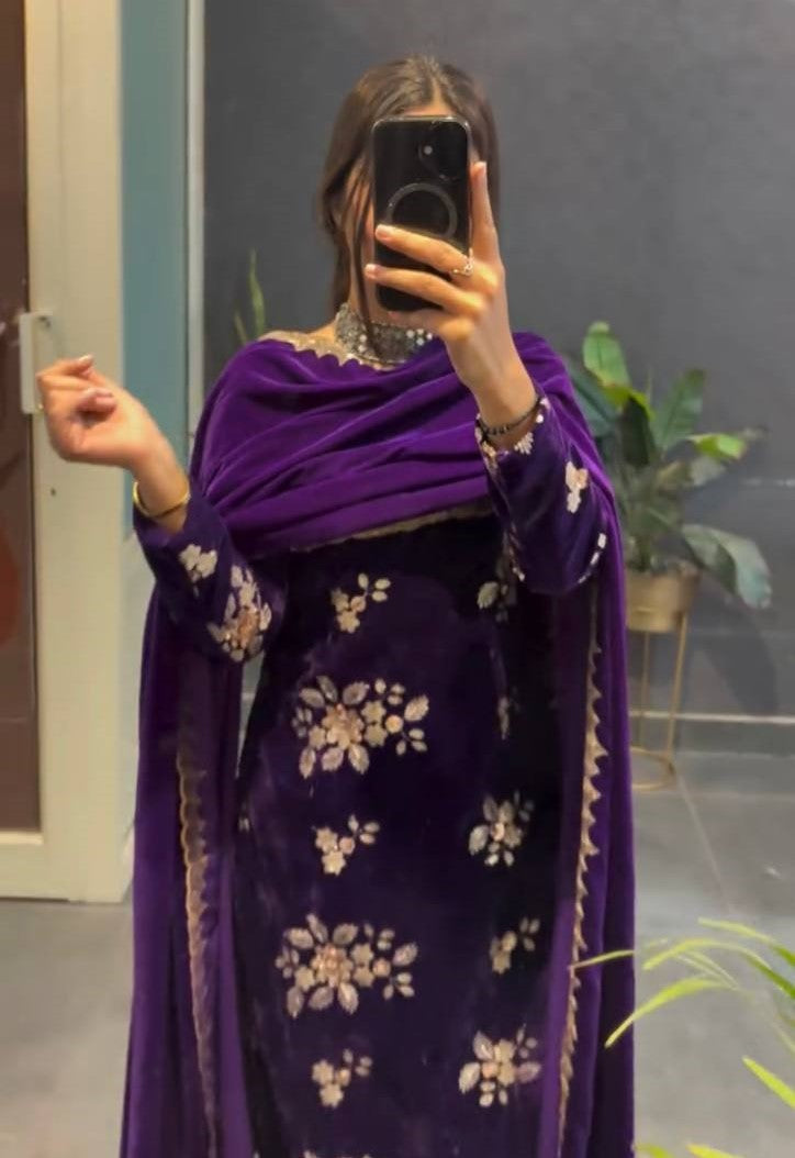 Purple viscose velvet thread & sequence work top-pant and dupatta set