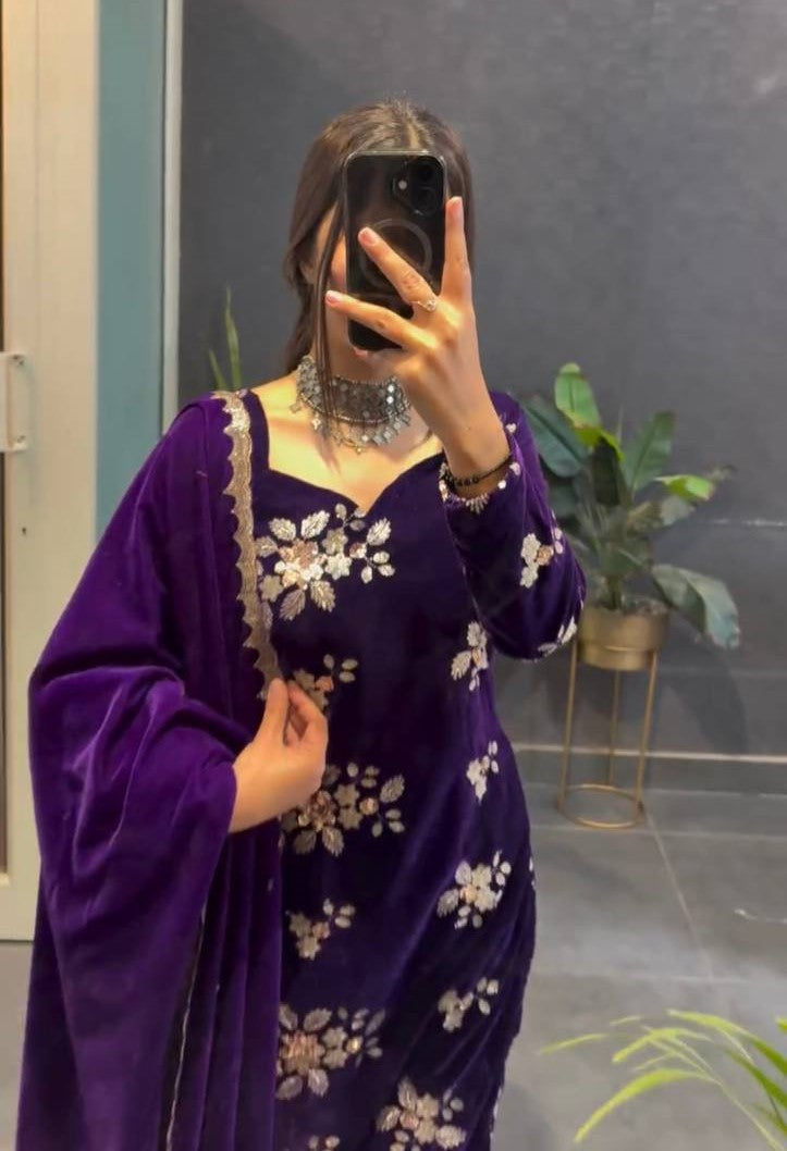 Purple viscose velvet thread & sequence work top-pant and dupatta set