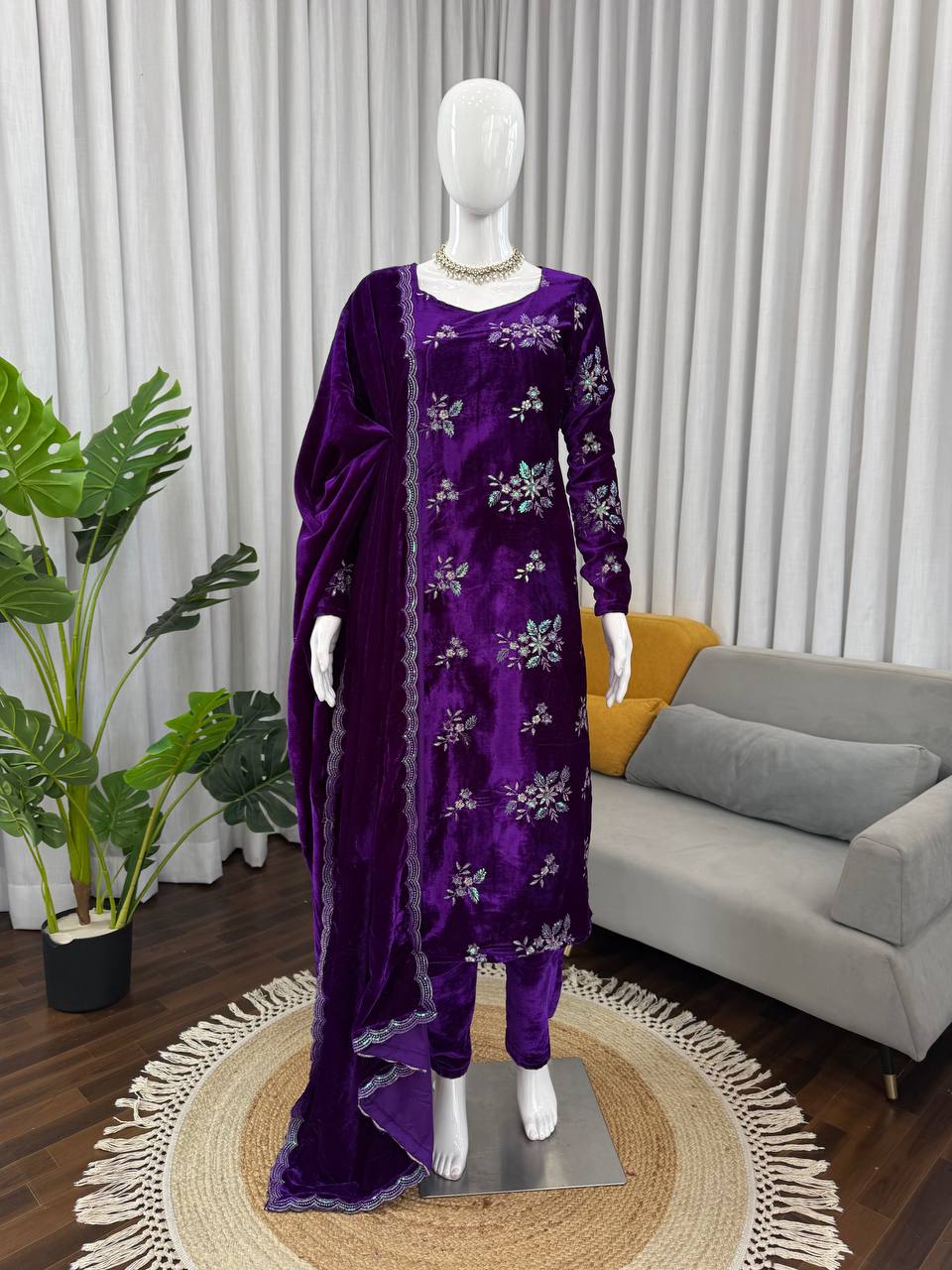 Purple viscose velvet thread & sequence work top-pant and dupatta set