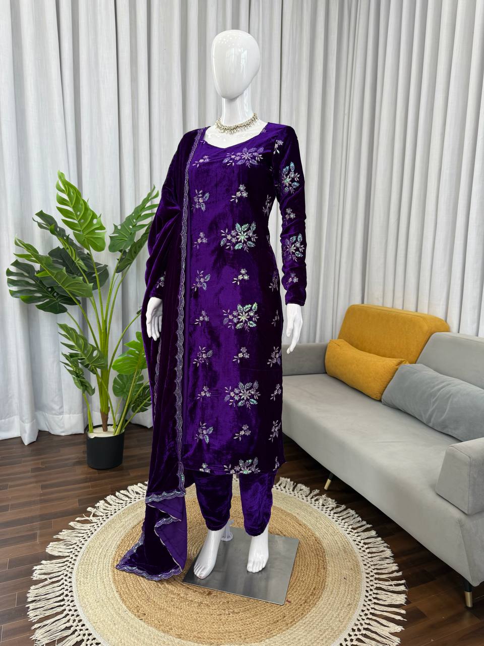 Purple viscose velvet thread & sequence work top-pant and dupatta set