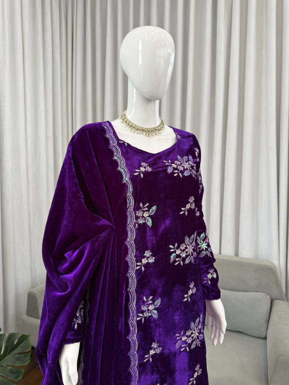 Purple viscose velvet thread & sequence work top-pant and dupatta set