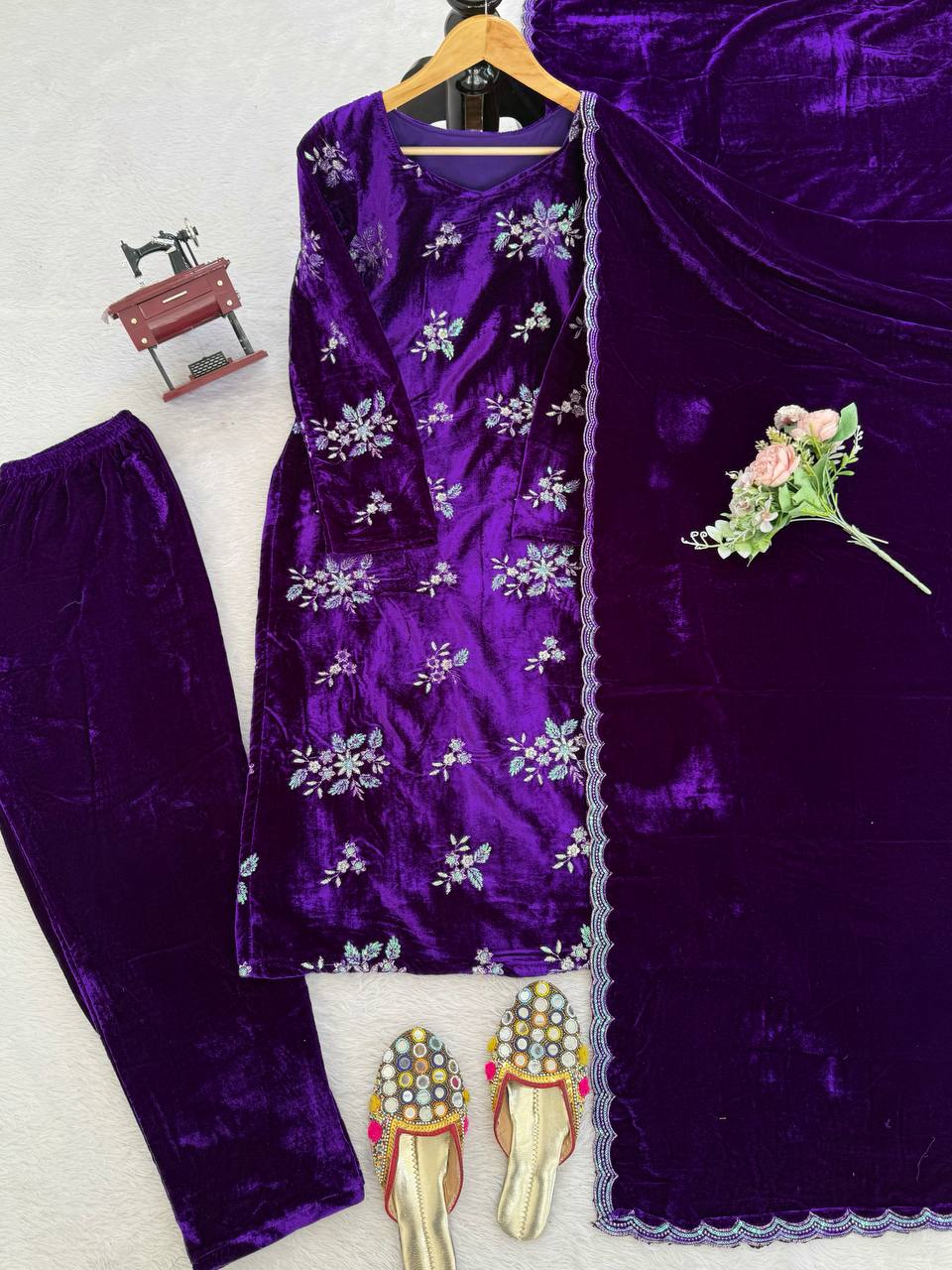 Purple viscose velvet thread & sequence work top-pant and dupatta set