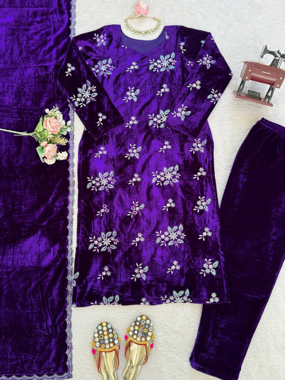 Purple viscose velvet thread & sequence work top-pant and dupatta set
