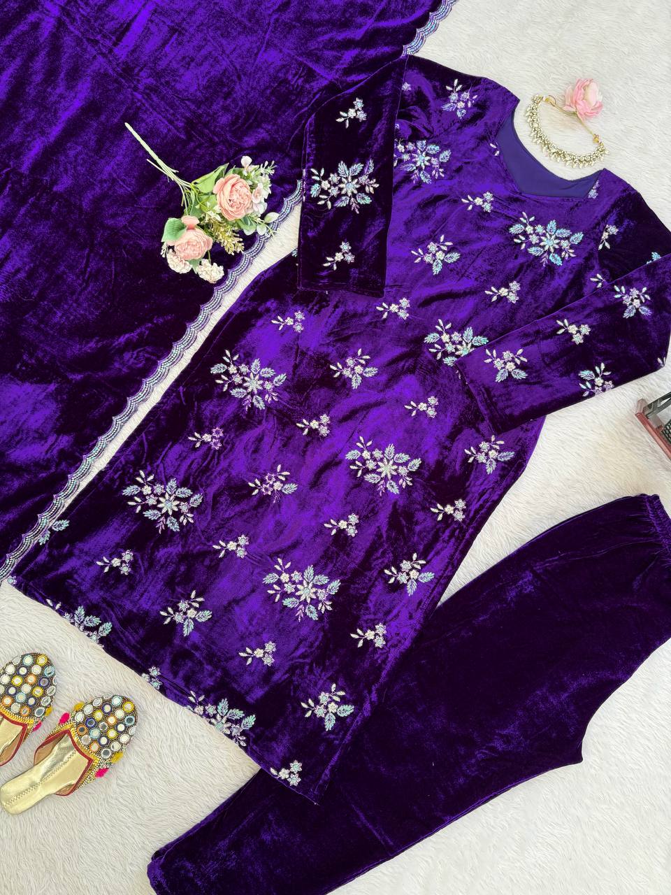 Purple viscose velvet thread & sequence work top-pant and dupatta set