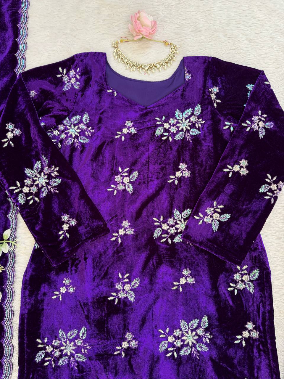 Purple viscose velvet thread & sequence work top-pant and dupatta set