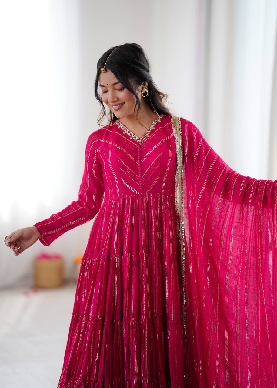 Pink chanderi Women’s Ethnic Wear Ruffle Gown
