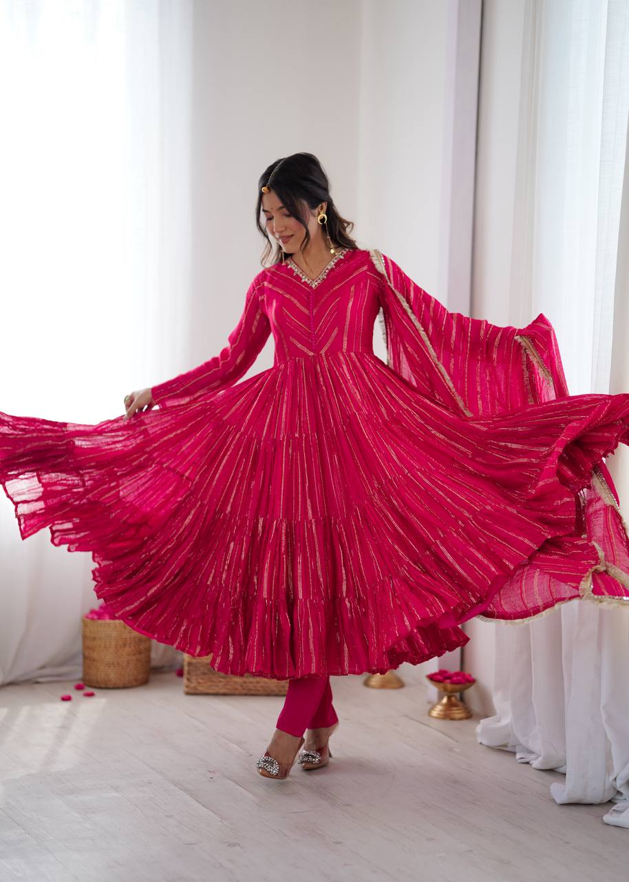 Pink chanderi Women’s Ethnic Wear Ruffle Gown