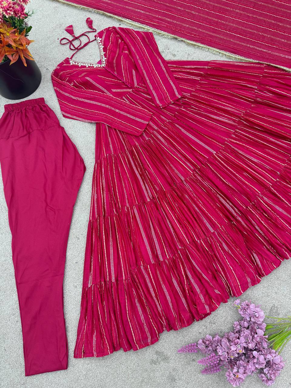 Pink chanderi Women’s Ethnic Wear Ruffle Gown