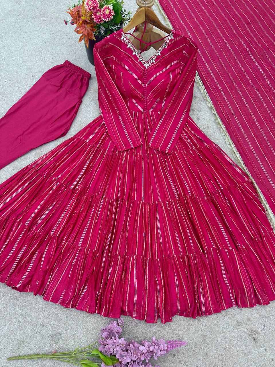 Pink chanderi Women’s Ethnic Wear Ruffle Gown