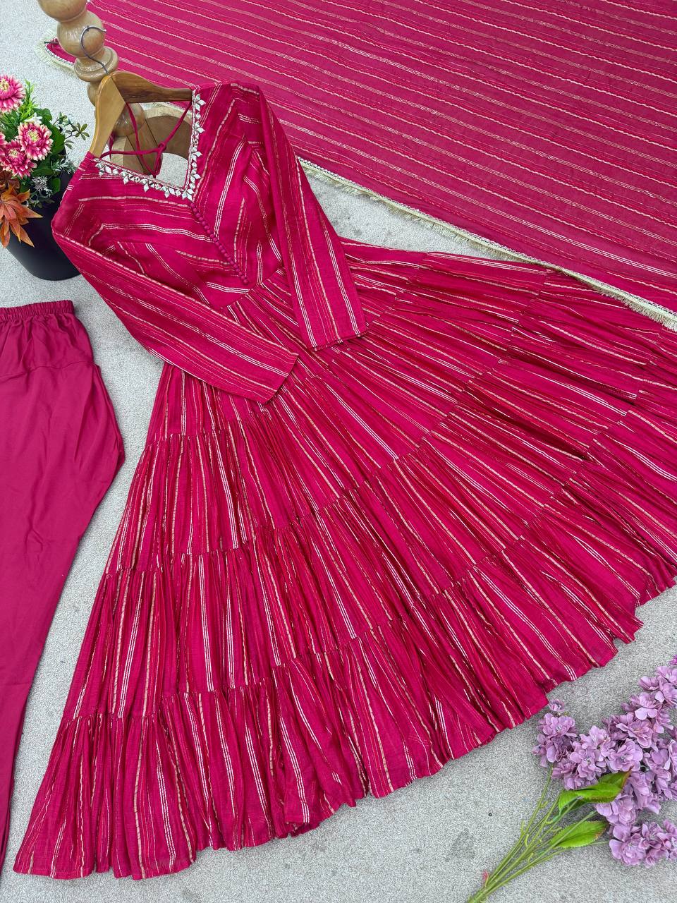 Pink chanderi Women’s Ethnic Wear Ruffle Gown