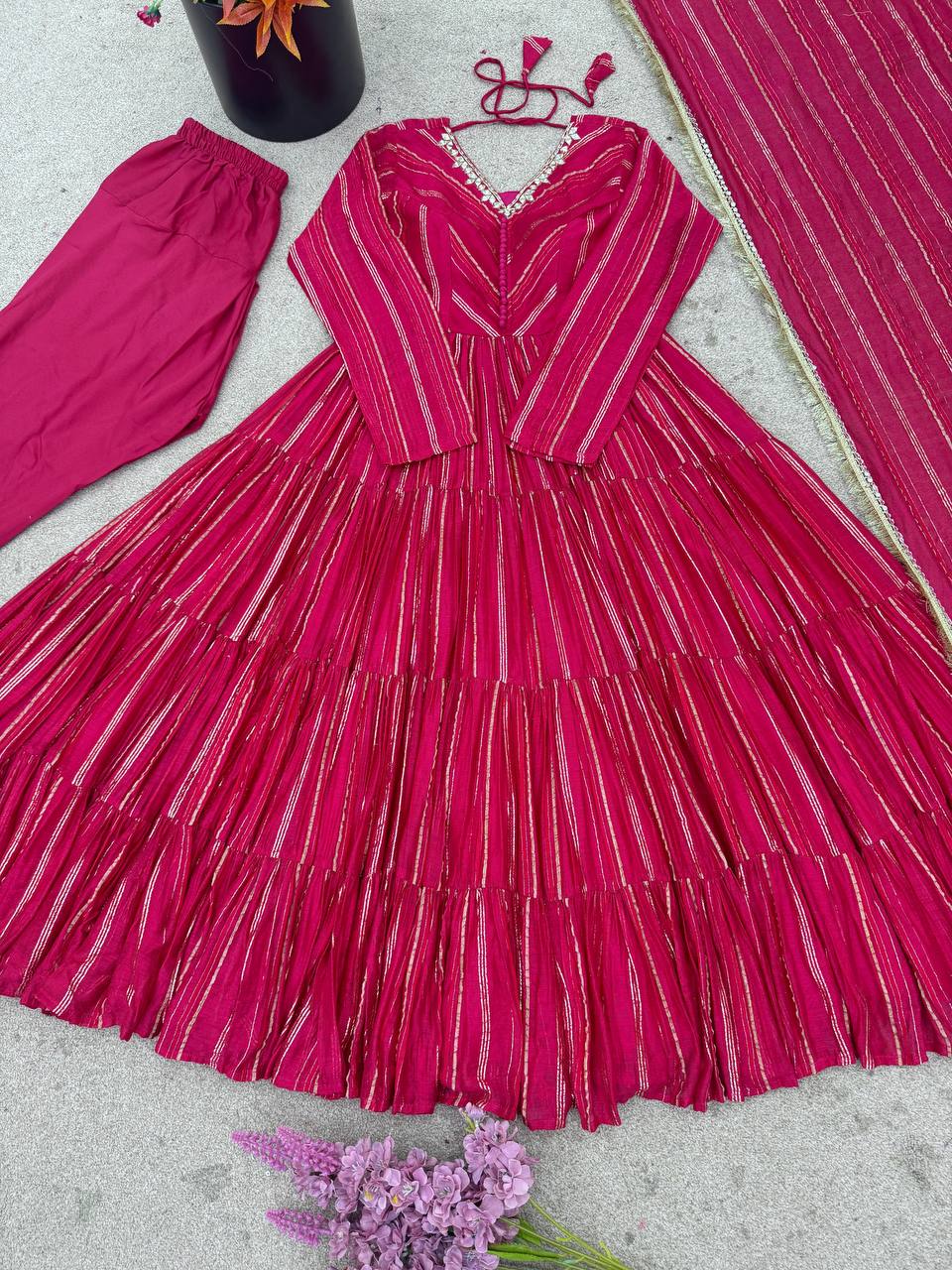 Pink chanderi Women’s Ethnic Wear Ruffle Gown